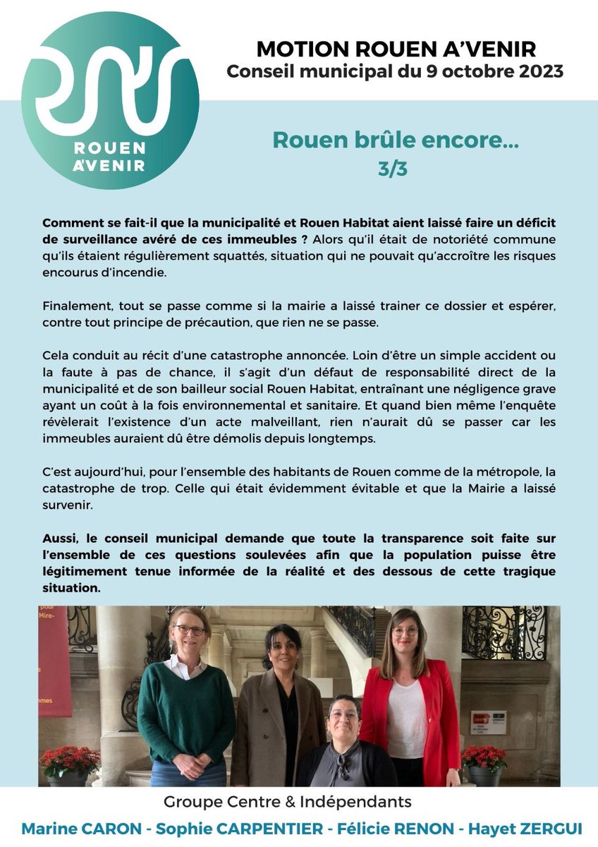 Marine_Caron76's tweet photo. ➡️ Conseil municipal lundi à #Rouen. 

Nous déposons une motion pour demander toute la transparence sur l’incendie verre et acier. Pas que sur les résultats des prélèvements mais sur les raisons qui ont amenées à une situation dramatique qui aurait dû être évitée ! 

A lire ⤵️ https://t.co/RaQu6M130y