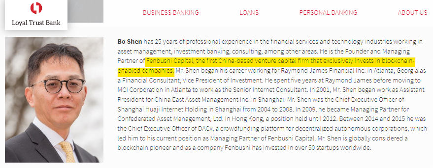 ParrotCapital's tweet photo. Nothing to see here.
🚩 Just Bo Shen of China-based 🇨🇳 #FenbushiCapital serving on the board of directors for US-based 🇺🇸 #LoyaltyTrustBank.
🚩 Shen mysteriously withdrew tens of millions of dollars from #FTXUS just weeks before #FTX collapsed.
What amazing timing.
1/x 🧵 https://t.co/gYIssUfjN7