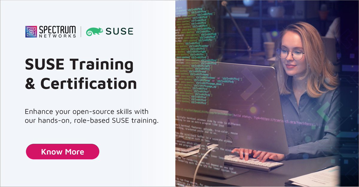 specntapac's tweet image. Harness the power of open source with SUSE training & certification.
Check our upcoming SUSE training classes & find the right training option for you & your team.
Know More: shorturl.at/cdoru
Reach us at apac.mc@specnt.com
#SUSETraining #SUSELinux #SUSE #SpectrumNetworks