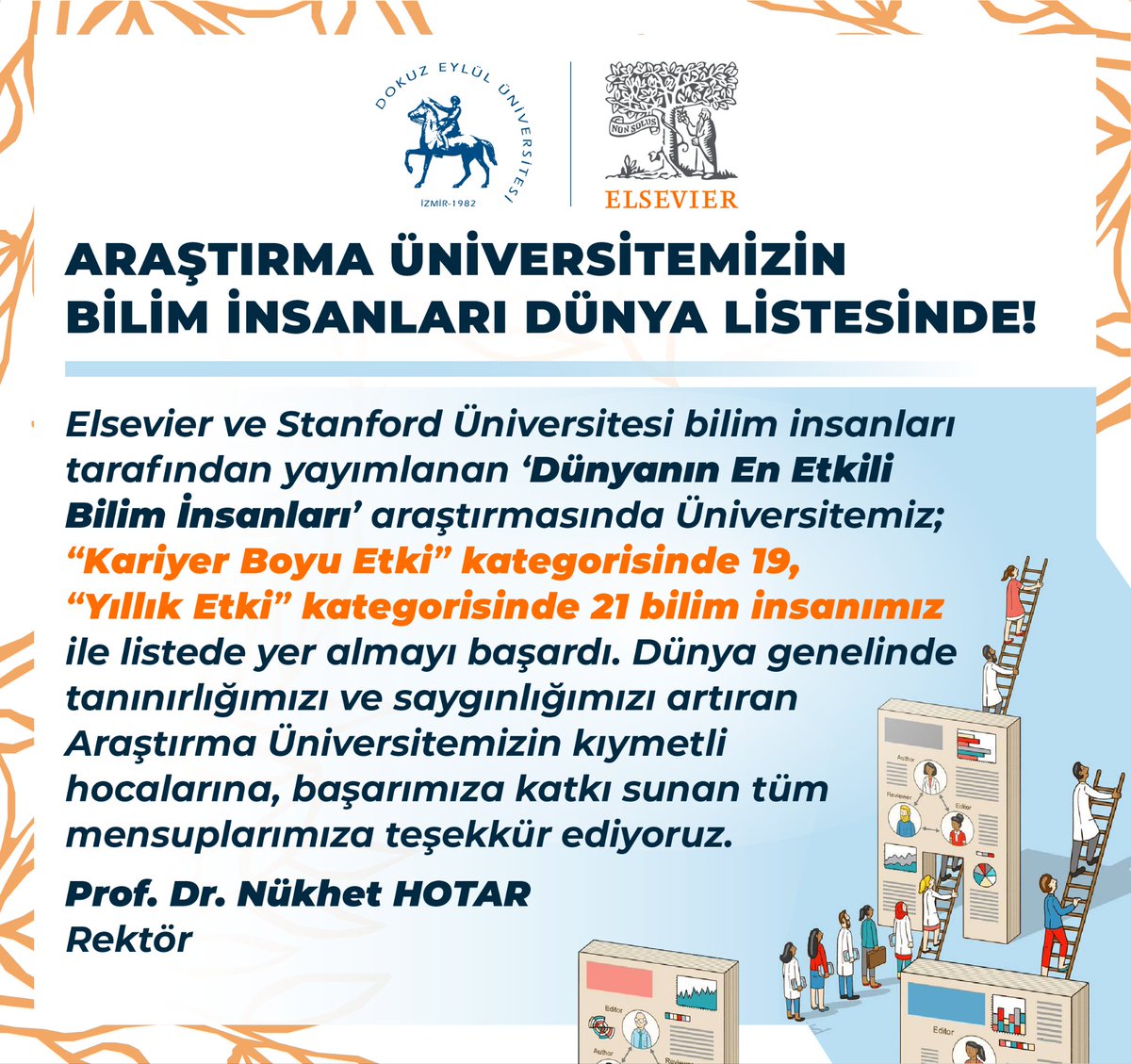 📌Elsevier ve Stanford Üniversitesi bilim insanları tarafından yayımlanan ‘Dünyanın En Etkili Bilim İnsanları’ araştırmasında #universitemDEU; “Kariyer Boyu Etki” kategorisinde 1️⃣9️⃣, “Yıllık Etki”kategorisinde 2️⃣1️⃣ bilim insanımız ile listede yer almayı başardı.💫 Dünya genelinde
