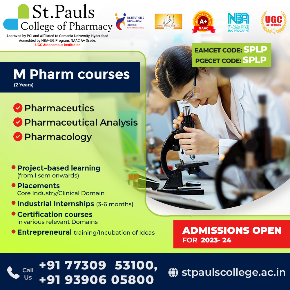 🎓 Unlock Your Potential with M Pharm Courses at #StPaulsPharmacyCollege! 🎓

#StPauls #MPharmAdmissions #M_Pharm #Pharmaceutics #PharmaceuticalAnalysis #Pharmacology #AdmissionsOpen #SkillsDevelopent #AdmissionsOpen2023_24 #Knowledge #Technology #Admissions #PharmacyCollege
