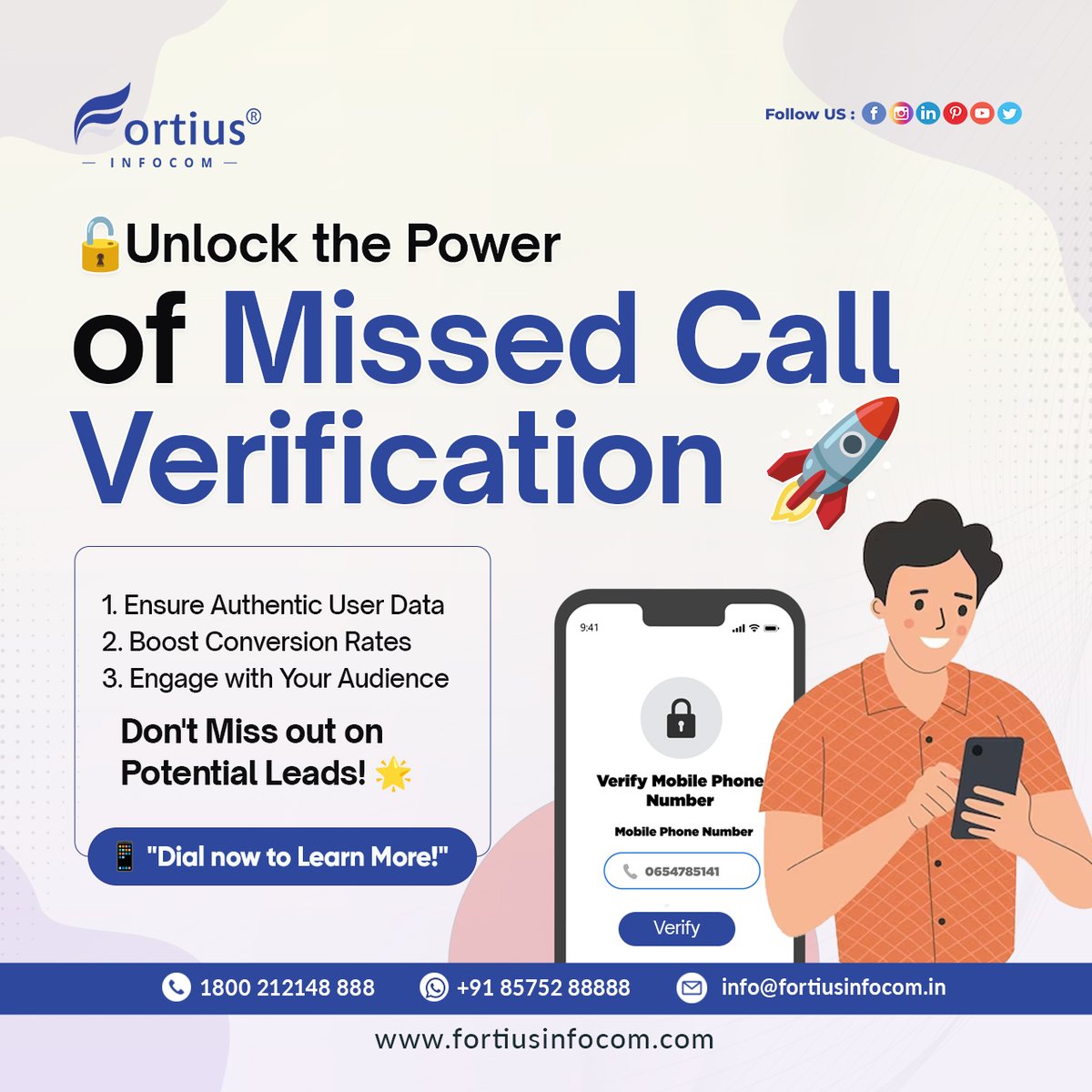 fortiusinfocom's tweet photo. 🔓✨ Unlock the magic of Missed Call Verification and witness a surge in authentic user data! 🌟 Boost those conversion rates and actively engage with your audience. Don't let potential leads slip through your fingers, dial now to learn more! 💥💫
#MissedCallVerification #MissedCallAlert #MissedCallMarketing #MissedCallServices #UnlockThePower #AuthenticData #EngageAndConvert
👉 https://t.co/DGrG1uvhxG