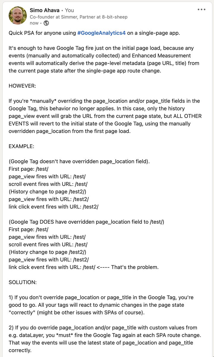 SimoAhava's tweet photo. If you're running #GoogleAnalytics4 on a single-page app, you don't have to fire Google Tag again on every route change UNLESS you are manually overriding page_location and/or page_title (as is common on SPAs).
#measure #singlepageapp https://t.co/ja6NZIvERU