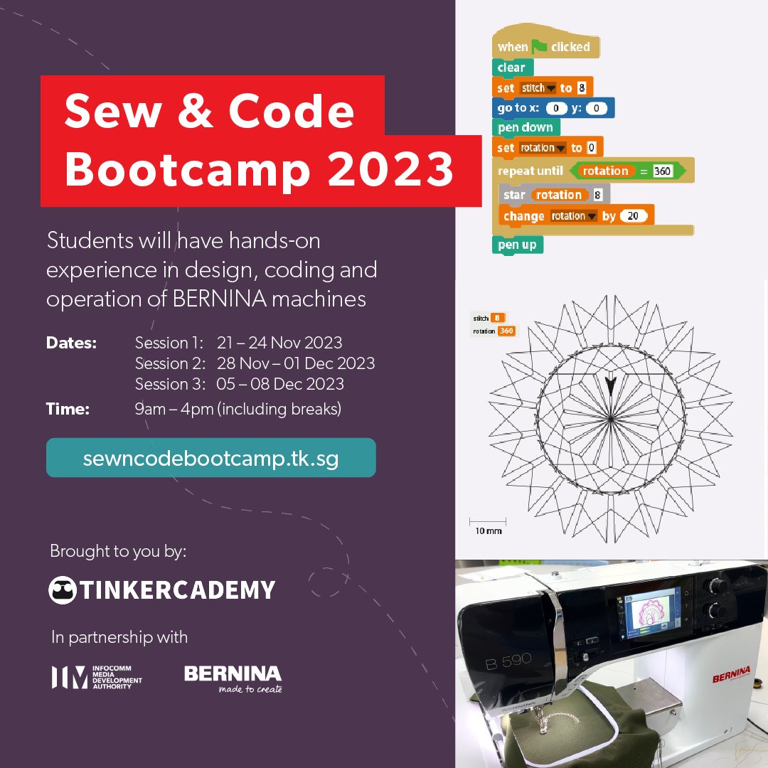Tinkercademy (@tinkercademy) on Twitter photo Primary school kids: Join us for the <a href="/IMDAsg/">Infocomm Media Development Authority of Singapore</a> BERNINA Sew & Code Bootcamp, with 3 runs in Nov/Dec to choose from. Learn to sew, embroider, and create with microcontrollers to make e-textile projects.
Fully sponsored by IMDA for P4-6 students! Apply at sewncodebootcamp.tk.sg. Primary school kids: Join us for the <a href="/IMDAsg/">Infocomm Media Development Authority of Singapore</a> BERNINA Sew & Code Bootcamp, with 3 runs in Nov/Dec to choose from. Learn to sew, embroider, and create with microcontrollers to make e-textile projects.
Fully sponsored by IMDA for P4-6 students! Apply at sewncodebootcamp.tk.sg.