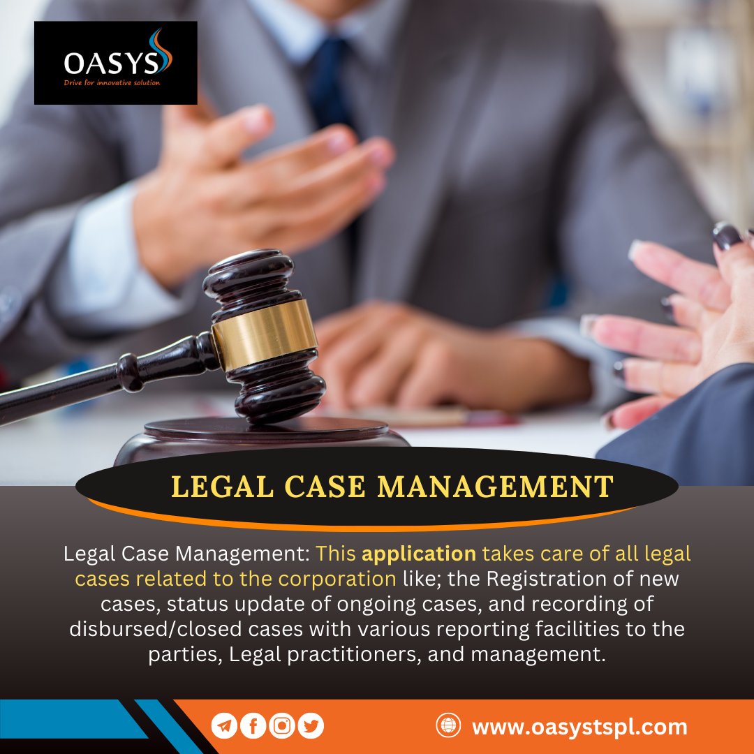 Unlock the power of seamless legal case management with Oasys Tech Solutions! 🏛️⚖️ Our comprehensive application handles everything from new case registrations to status updates and closed case recording. 💼✨ 

#LegalCaseManagement #OasysTechSolutions #EfficientLegalProcesses