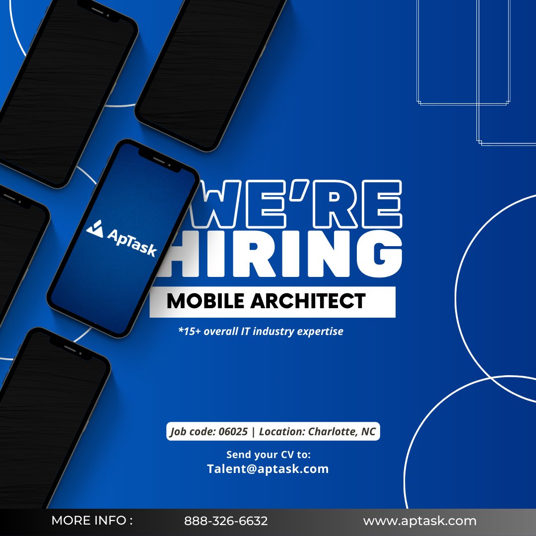 MyApTask's tweet photo. Join Us! https://t.co/yRmKeYdVhH is Hiring a Mobile Architect in Charlotte, NC. 🚀🔍 Explore Job Details: Job Code 06025📧 Apply: Send your resume to Talent@aptask.com
#MobileArchitect #CharlotteNC #TechCareers #ApTaskHiring https://t.co/zeEEALt85F