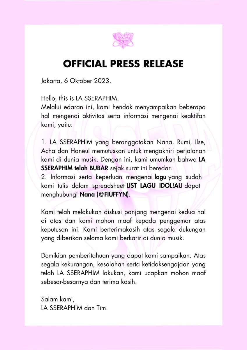 ㅤ    

ㅤ    ㅤ    𝐋𝐀 𝐒𝐒𝐄𝐑𝐀𝐏𝐇𝐈𝐌 
ㅤ    ㅤ    𝐏𝐑𝐄𝐒𝐒 𝐑𝐄𝐋𝐄𝐀𝐒𝐄

ㅤ “It's LA SSERAPHIM, 안녕~!”

ㅤ