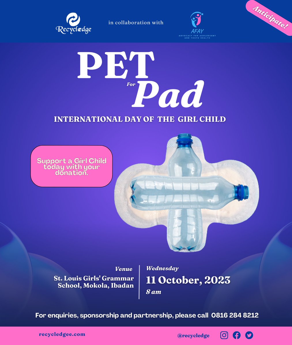 recycledge's tweet photo. In commemoration of International Girl Child Day, we are pleased to launch the PET for PAD project. 
.
.
The project is aimed at providing menstrual pads for the Girl Child who can not afford one in exchange for PET bottles and we are pleased to be launching this initiative… https://t.co/KGEBwoFOfG