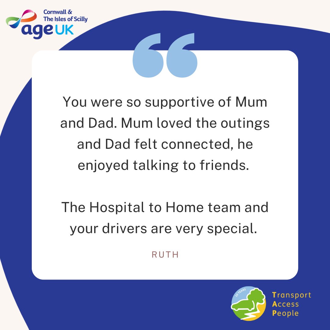 AgeUKCornwall's tweet photo. This morning, we are reading our 'What you Say' surveys - here is a Hospital to Home quote that made our morning🤩🏥🏡
You were supportive of Mum and Dad. Mum loved the outings and Dad always felt connected, he enjoyed talking to new friends. #tailoredsupport #hospitaltohome https://t.co/OSe6ntoJNt