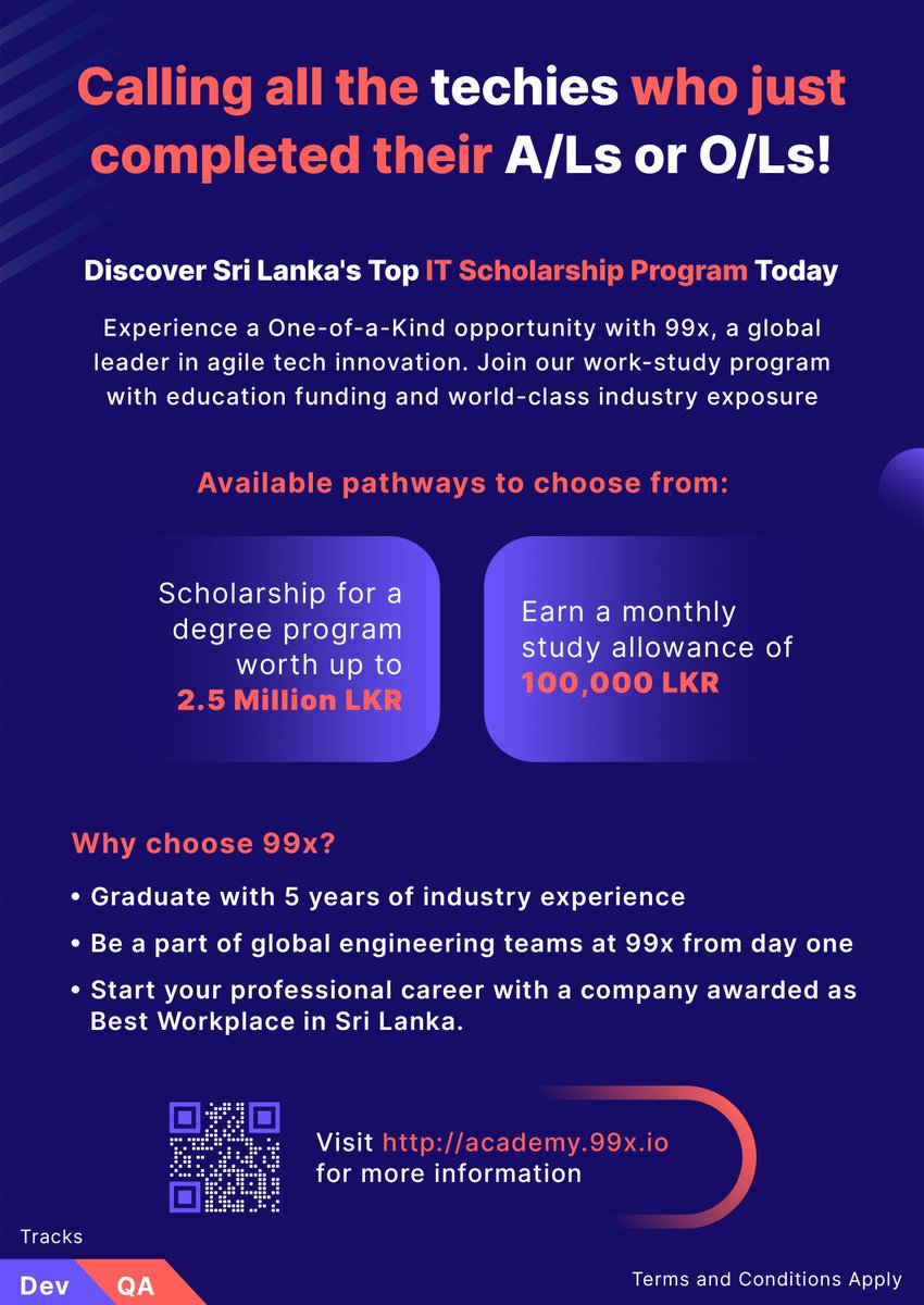 Are you a recent A/L or O/L pass-out with a passion for technology? Here's your golden ticket to a one-of-a-kind experience with 99x. 
 
Enroll in our work-study initiative, which provides educational support and unparalleled exposure to the industry: academy.99x.io