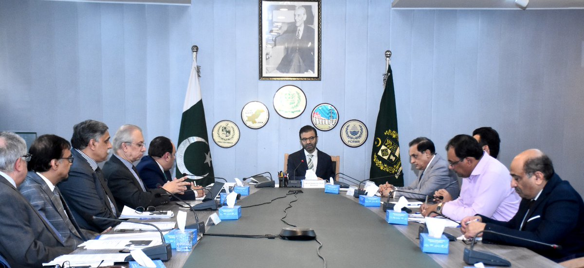 Caretaker Federal Minister for Water Resources, Ahmad irfan Aslam is presiding over  a meeting of  progress review Committee on Diamer Bhasha Dam on 05-10-23 in Islamabad. Federal Secretary, Chairman WAPDA and senior officers from MoWR,  WAPDA, and NESPaK also  attended.