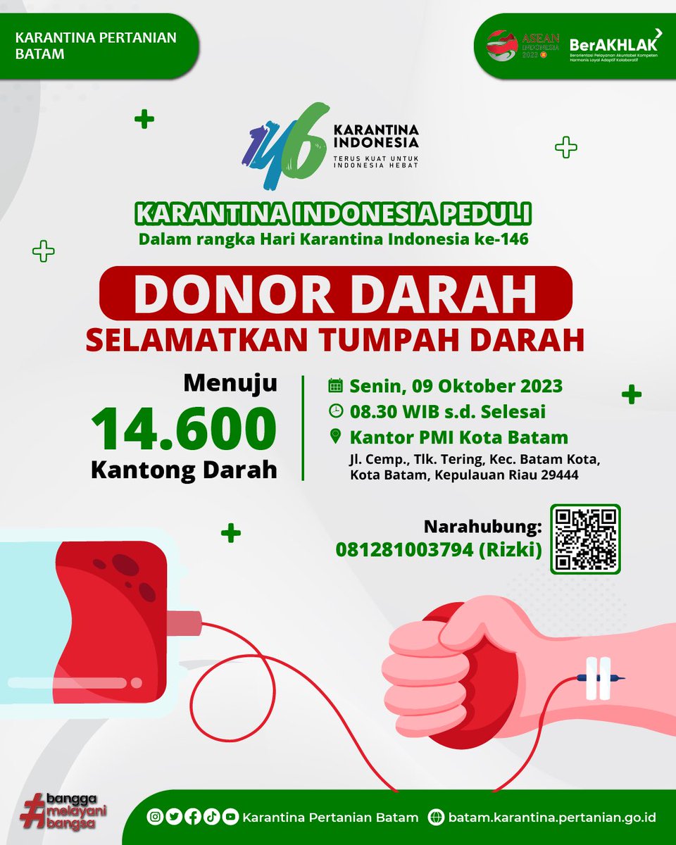 bkpbatam's tweet photo. Konfirmasi keikutsertaanmu dengan menghubungi narahubung Rizki (081281003794) atau scan barcode pada brosur😉

Untuk informasi lainnya, kunjungi media sosial Karantina Pertanian Batam ya SobatQ☺️

#KarantinaPertanianBatam
#KarantinaIndonesia
#DonorDarah
#HariKarantina https://t.co/JJajBCvFaT