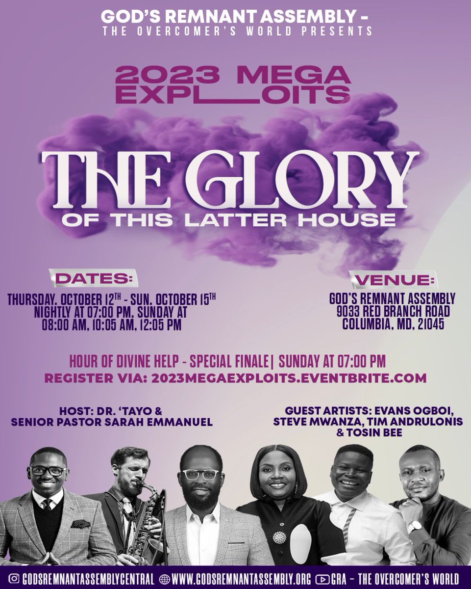 graglobal's tweet photo. Join us for this year’s Mega Exploits themed “The Glory of this Latter House” starting Thursday, October 12th-Sunday, October 15th! https://t.co/lyykHmrgCy