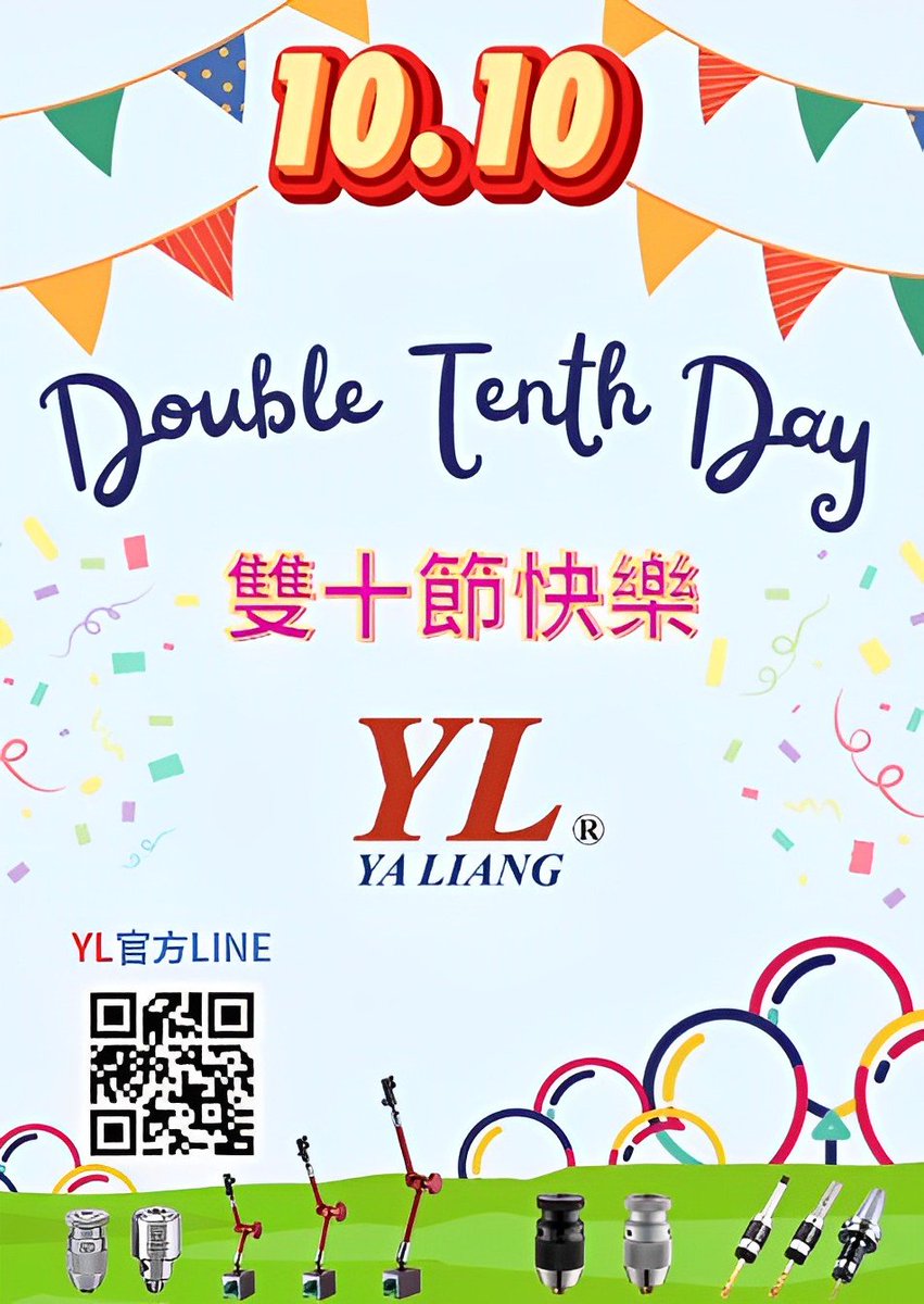 Yaliang_tw's tweet photo. "Happy National Day, everyone! Enjoy the long weekend from 10/7 to 10/10. Let's celebrate our great nation's history and unity. 🎉 #NationalDay #LongWeekend #TyphoonPrep #StaySafe #taipei #taichung #mechanical #taiwan #magnetic #drillchuck #industry #cnc #cncmachining https://t.co/hks8JFaMcD