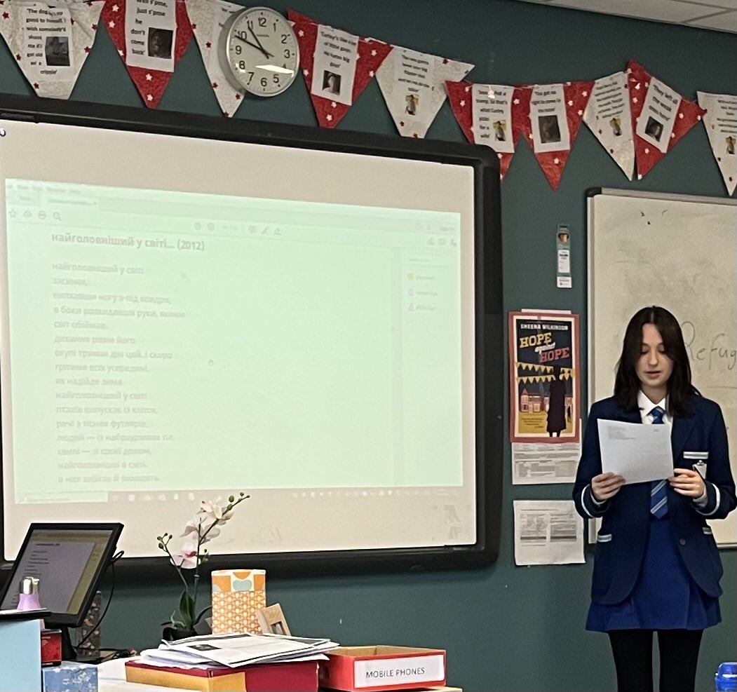 AGS_English's tweet photo. Well done to Viktoriia who shared her Ukrainian Spotlight poetry translation with her peers to celebrate National Poetry Day @StephenSpender @assumptionlive #refuge https://t.co/gIZoPCHOIC