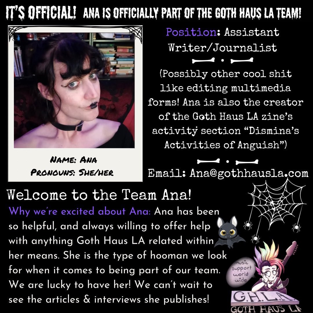 GothHausLA's tweet photo. ANNOUNCEMENT‼️IT’S OFFICIAL! Welcome Ana &amp; Robin 2 the Goth Haus LA team officially! After being with us 4 over 6 months they’re PART OF THE TEAM as our assistant writers/Journalists! Read more about what they will be doing &amp; why we are excited about them! #gothhausla #deathrock https://t.co/5vKb04XDr6
