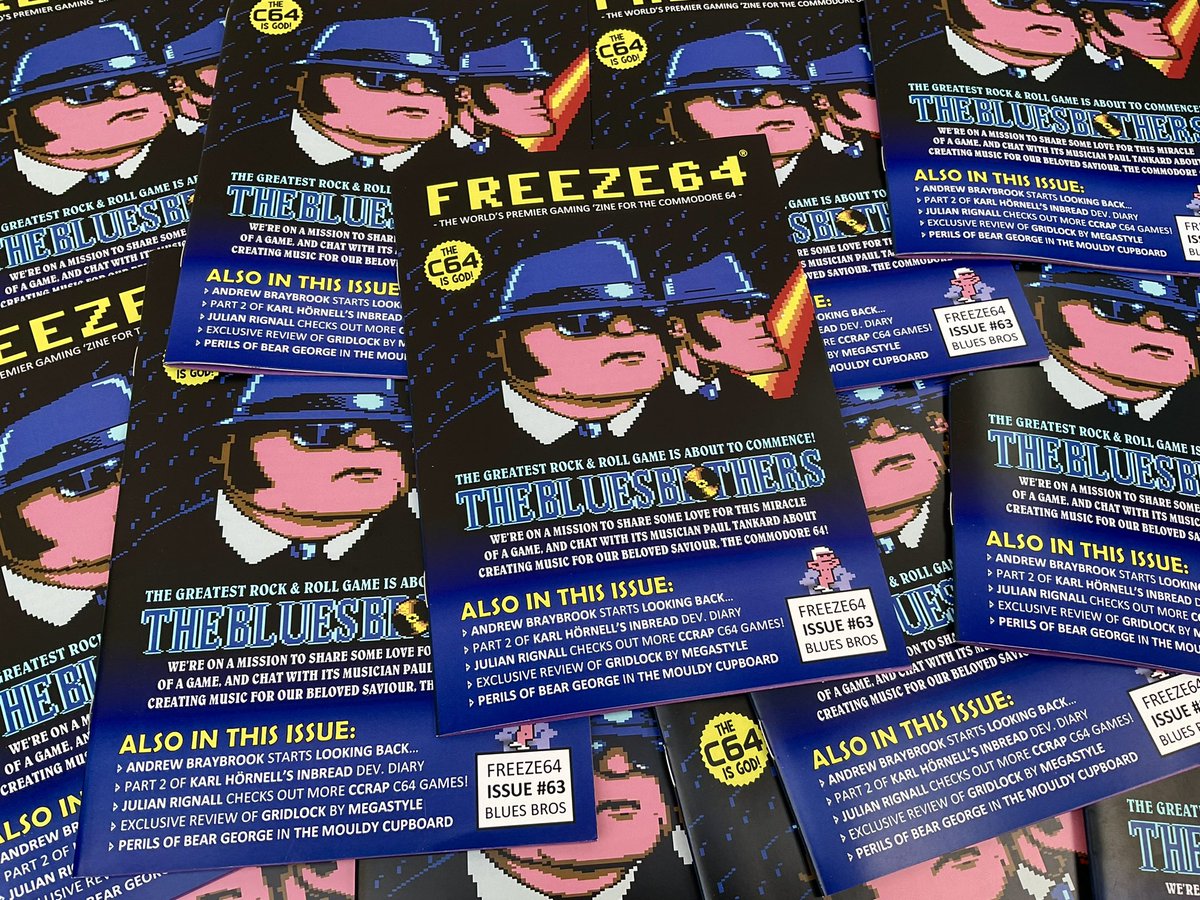 FREEZE64UK's tweet photo. New issue of FREEZE64 available to buy from:
https://t.co/b6vOWhKRg2
The issue includes:
🔵👦🏻👦🏻 The Blues Brothers cover feature
👀🔙 Andrew Braybrook looking back
💩👾 Julian Rignall with more CCRAPBACK games
🕵️‍♂️🐿️ Secret Squirrel with more hidden messages
🎙️ Paul Tankard chats about making C64 music
🚑 Exclusive review of Gridlock from Megastyle
🧸🐻 Perils of Bear George from The Mouldy Cupboard
📖 Part 2 of Karl Hörnell’s INBREAD development diary