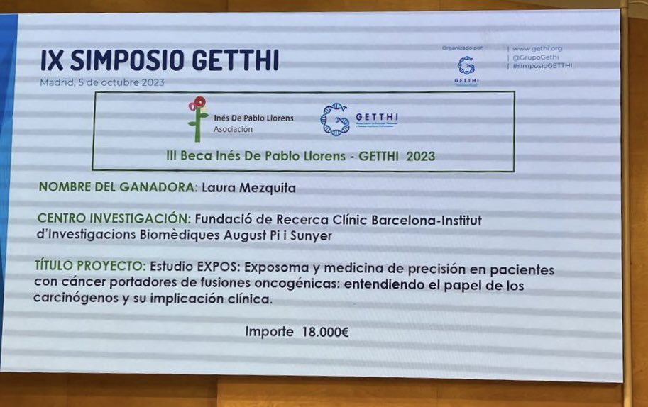 torneoidepablo's tweet photo. Ayer, 5 de octubre de 2023, se hizo entrega de la III Beca Inés de Pablo Llorens a Laura Mezquita, de la Fundació de Recerca Clínic Barcelona-Institut d'Investigacions Biomèdiques August Pi i Sunyer 🔬
👉🏼 El Estudio EXPOS ganó la Beca dotada de 18.000€
¡Muchas gracias a tod@s!💙 https://t.co/CyQyYJl3NB