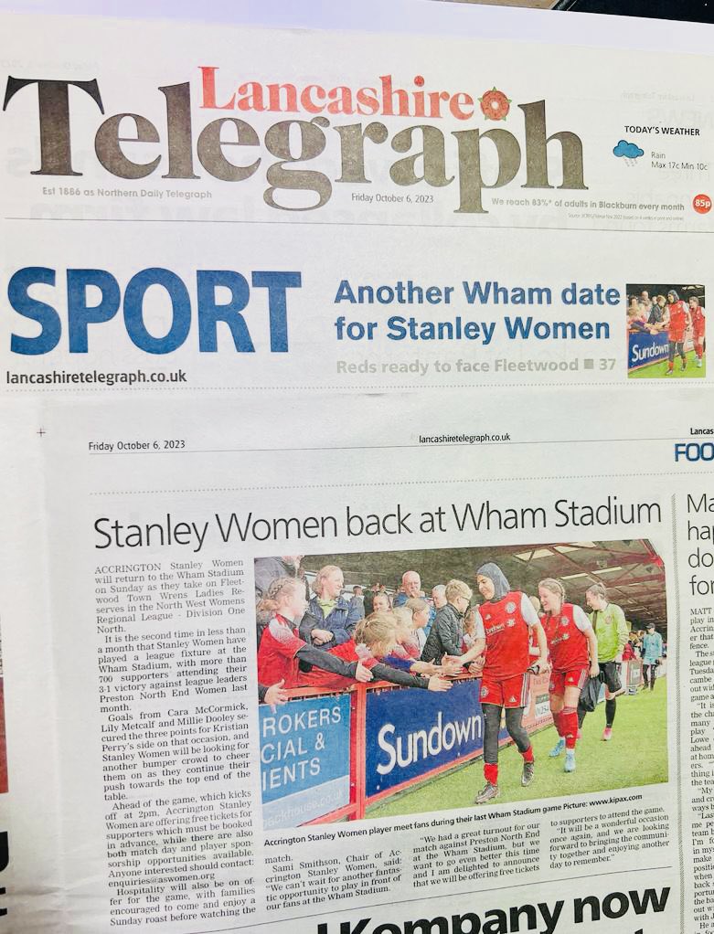 Accrington Stanley Women (@aswfcofficial) on Twitter photo We’re making the headlines again ahead of this Sunday’s match against <a href="/FTownwrens/">Fleetwood Town Wrens Ladies FC</a> Reserves at the Wham Stadium! 💪📰
Get your FREE tickets before it’s too late 👇
…y-women-football-club-ltd.square.site
#ASWFC #womensfootball <a href="/lancstelegraph/">Lancashire Telegraph</a> We’re making the headlines again ahead of this Sunday’s match against <a href="/FTownwrens/">Fleetwood Town Wrens Ladies FC</a> Reserves at the Wham Stadium! 💪📰
Get your FREE tickets before it’s too late 👇
…y-women-football-club-ltd.square.site
#ASWFC #womensfootball <a href="/lancstelegraph/">Lancashire Telegraph</a>