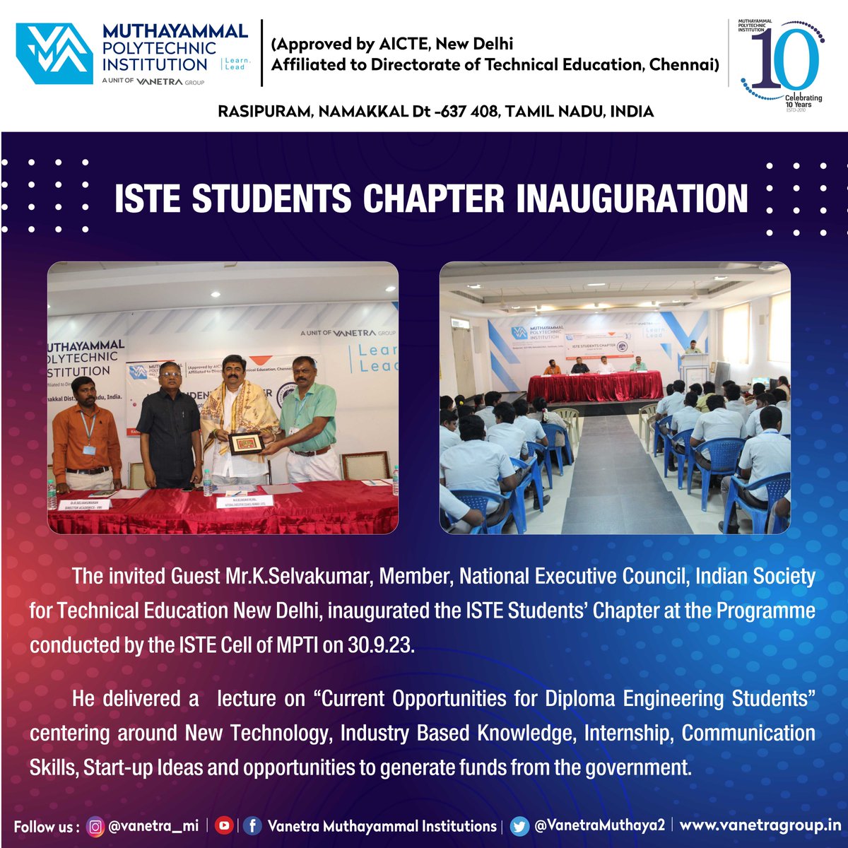 VanetraMuthaya2's tweet photo. Muthayammal Polytechnic Institution organized ISTE Students Chapter Inauguration on 30.09.2023.
#iลte #StudentChapter #studentchapter #studentchapters https://t.co/22p6hYrXb4