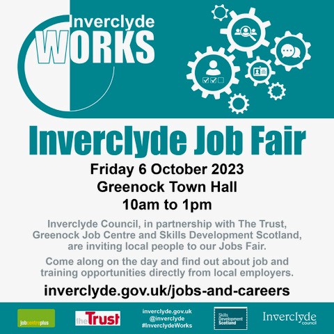 Come along to the Inverclyde Jobs Fair TODAY and find out about local employment & training opportunities @inverclyde inverclyde.gov.uk/jobs-and-caree… Need employment support? Why not register with the Trust? Call 01475 553343 or email appointments@the-trust.org.uk