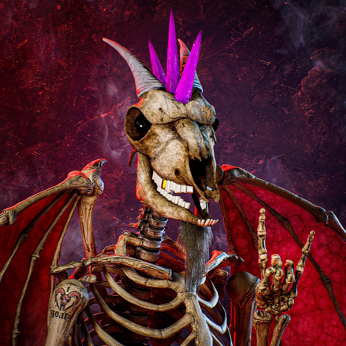.<a href="/SinderSkullz/">Sinder Skullz</a> is a project that oozes heavy metal &amp; it doesn't get more metal than an NFT released in collaboration with <a href="/adaGOATS/">GOAT Tribe 🐐</a> depicting a skeleton goat with a mohawk &amp; demon wings throwing up metal horns. Sinder Skullz is one of the most talented 3D artists in this space.🤘