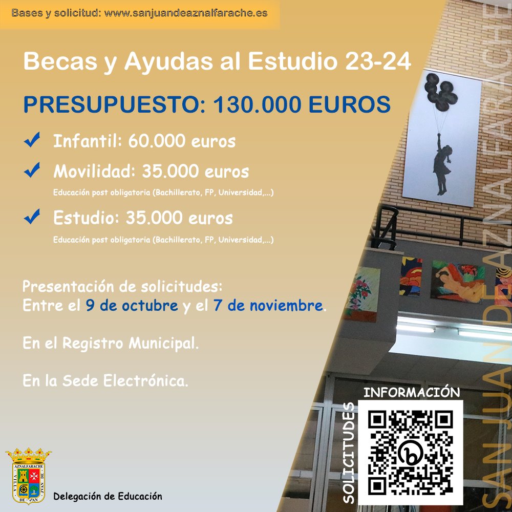 El plazo para solicitar la becas y ayudas al estudio del Ayuntamiento de San Juan de Aznalfarache se abre el lunes 9 de octubre y permanecerá abierto durante 20 días hábiles, hasta el martes 7 de noviembre (Ambos inclusive).
