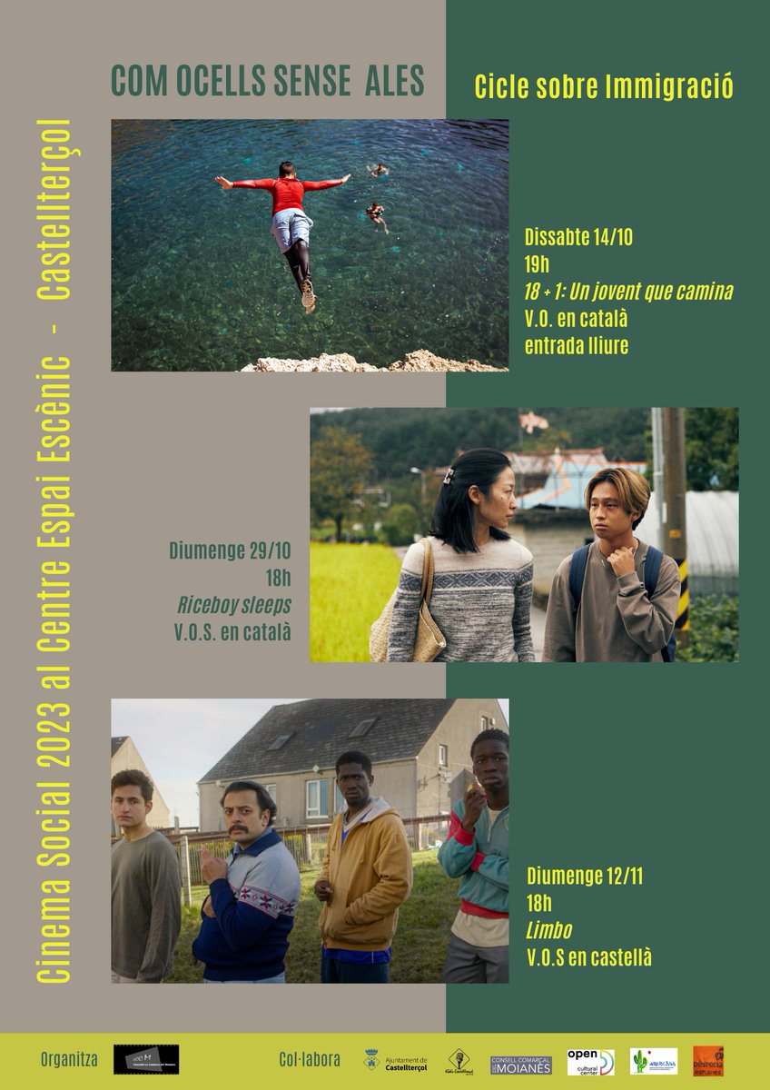 Sumant complicitats entre persones i entitats per projectar el 3r Cicle #cinema #social al #moianès 🖐️el dissabte 14/10 t'esperem a la primera de les tres projeccions amb el lema COM OCELLS SENSE ALES #immigració #films