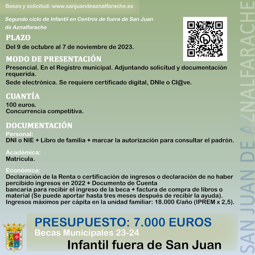 En la web pueden descargar las solicitudes y acceder a las bases de la convocatoria.
sanjuandeaznalfarache.es/es/educacion/p…
En el caso del alumnado matriculado en los cinco centros de infantil de San Juan de Aznalfarache, son los propios centros los que se encargan de tramitar las solicitudes.