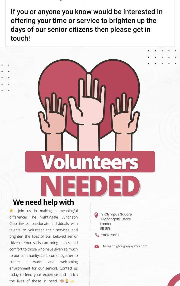 #volunteers needed for helping #older #people on #nightingaleestate.

Please do RT and send onto anyone you'd think would be able / like to help.

@NightingaleGP @alastairis @Semakaleng @VCHackney @RoyalVolService @hackneycouncil @mayorofhackney