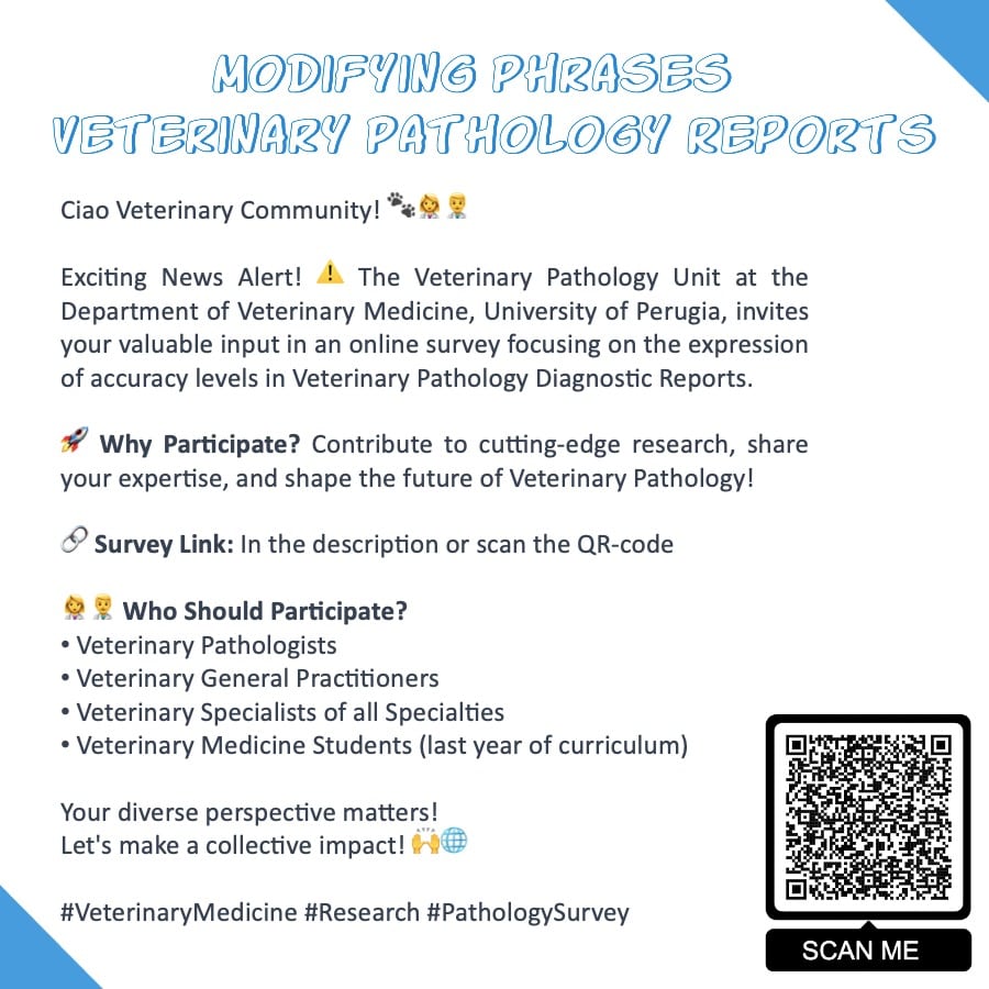🌟 Calling All Veterinary Professionals! 🌟

🚀 help us out with a survey focusing on the accuracy levels of modifying phrases in Veterinary Pathology Diagnostic Reports.

🔗 Survey Link: docs.google.com/forms/d/e/1FAI…

Thanks! 🙌🌐 

#VeterinaryMedicine #Veterinarian 
#Vet