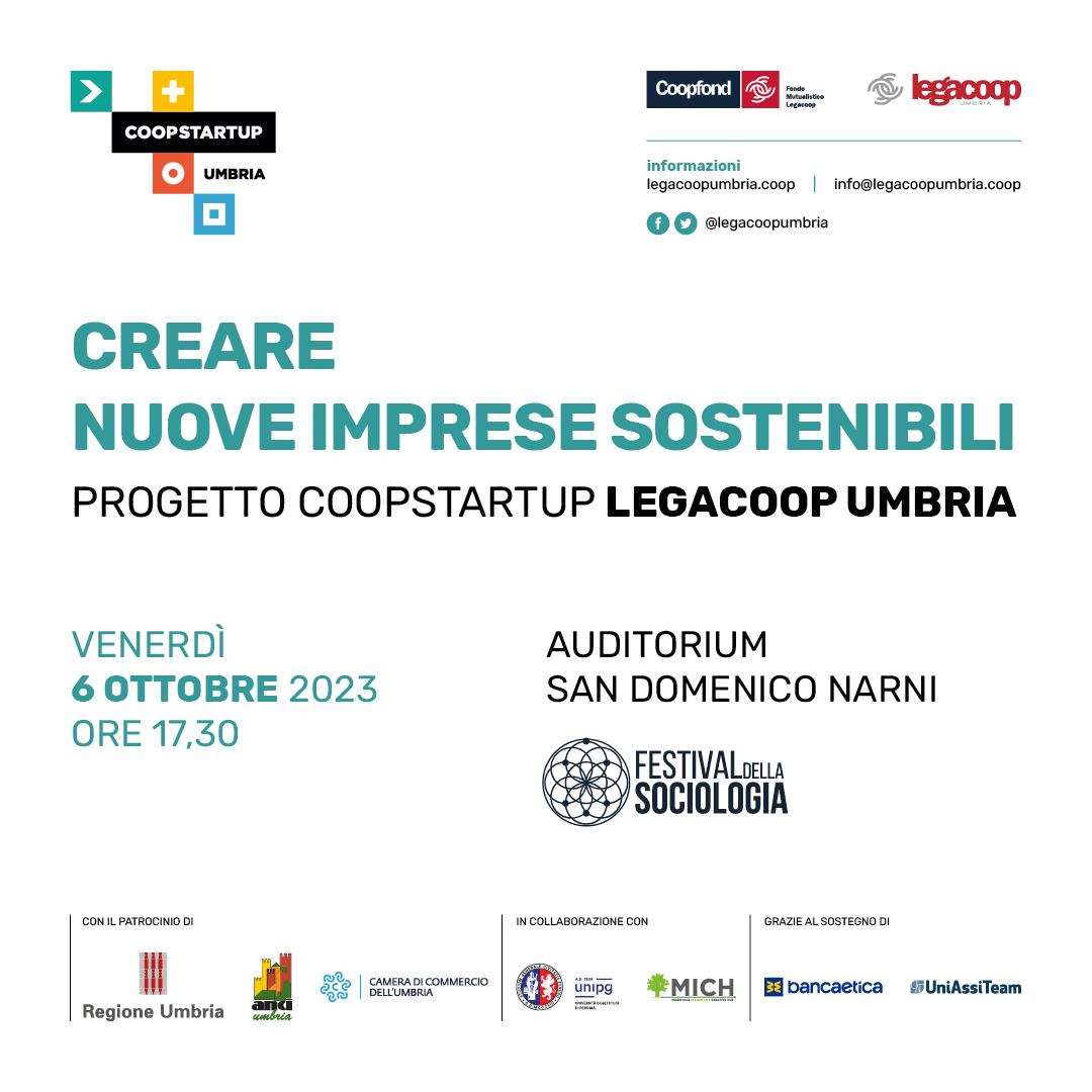 Nell'ambito del Festival della Sociologia di Narni oggi un appuntamento speciale: il lancio del bando #Coopstartup Umbria.
Per creare nuove imprese sostenibili.
Qui tutti i dettagli: fb.me/e/1eg2lohyT