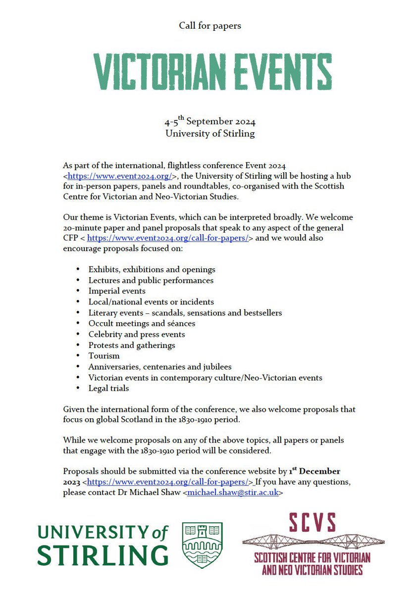 checkpointchaz's tweet image. Are you currently researching or writing about the Victorian period? Come to @StirUni in September ‘24 for @VictorianScot’s hub on Victorian Events, part of event2024.org’s Flightless Conference! Abstracts due 1 December ‘23 @navsa @BAVS_UK @BAVS_PGs @RS4VP @VLCjournal