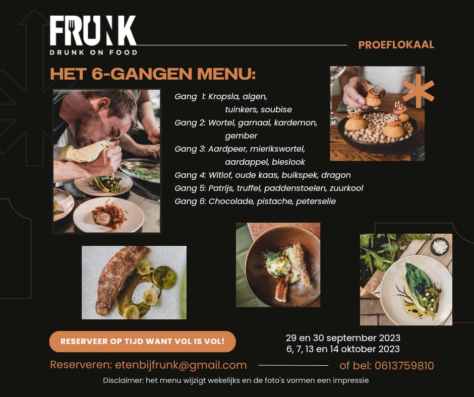 Het menu voor 6 en 7 oktober kent een paar verrassende wijzigingen. Interesse om de komende weken te komen genieten? Reserveer dan snel. 😋
#proeflokaal #FRUNK #etenendrinken #culinairgenieten