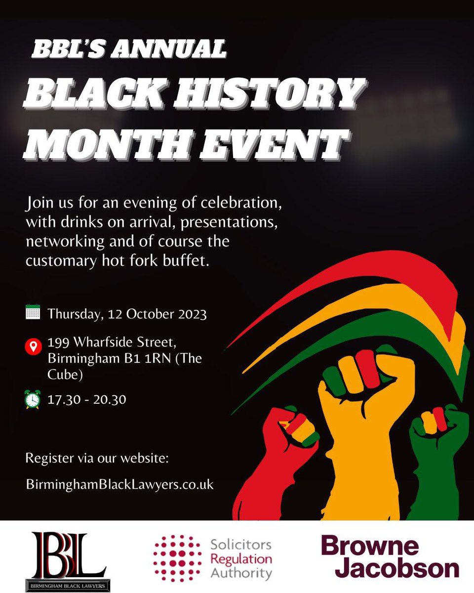 BME@TheBar (@bmeatthebar) on Twitter photo #BHM2023 EVENT
Join <a href="/BirmBlackLawyer/">Birmingham Black Lawyers</a> for an evening of celebrations 🙌🏾
📆: 12.10.23
⏰: 17:30 - 20:30
📍: 199 Wharfside Street, Birmingham B1 1RN
Register👇🏾BirminghamBlackLawyers.co.uk
<a href="/midland_circuit/">Midland Circuit</a> <a href="/BlackBarNetwork/">Black Barristers’ Network</a> <a href="/thebarcouncil/">The Bar Council</a> <a href="/BameFor/">African, Caribbean and Asian Lawyers For Justice</a> <a href="/lincolnsinn/">The Honourable Society of Lincoln's Inn</a> <a href="/middletemple/">Middle Temple</a> <a href="/TheInnerTemple/">The Inner Temple</a> #BHM2023 EVENT
Join <a href="/BirmBlackLawyer/">Birmingham Black Lawyers</a> for an evening of celebrations 🙌🏾
📆: 12.10.23
⏰: 17:30 - 20:30
📍: 199 Wharfside Street, Birmingham B1 1RN
Register👇🏾BirminghamBlackLawyers.co.uk
<a href="/midland_circuit/">Midland Circuit</a> <a href="/BlackBarNetwork/">Black Barristers’ Network</a> <a href="/thebarcouncil/">The Bar Council</a> <a href="/BameFor/">African, Caribbean and Asian Lawyers For Justice</a> <a href="/lincolnsinn/">The Honourable Society of Lincoln's Inn</a> <a href="/middletemple/">Middle Temple</a> <a href="/TheInnerTemple/">The Inner Temple</a>