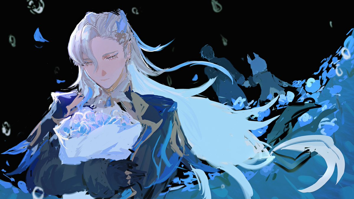 long hair bouquet gloves flower male focus blue flower holding  illustration images