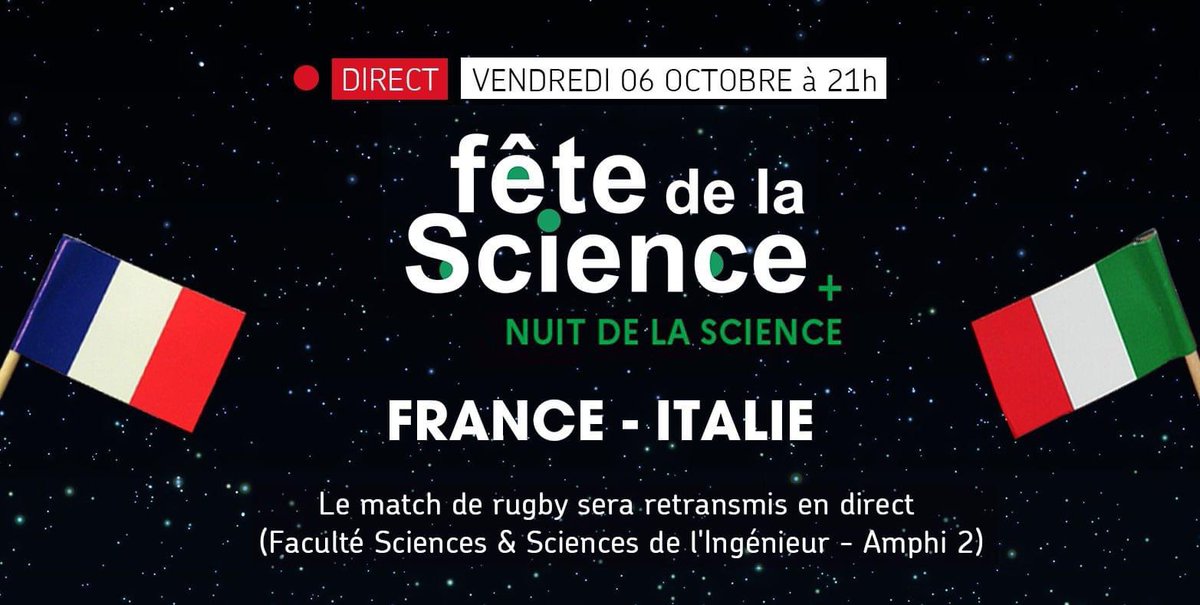 | #FDS2023 | Venez profiter de notre Nuit de la Science et regarder le match ! 🏉

👉 #LORIENT 
Le match de #rugby France - Italie sera retransmis en direct. Rdv à la Faculté des Sciences &amp; Sciences de l'Ingénieur (Amphi 2) !

👉 À partir de 19h : www-actus.univ-ubs.fr/fr/index/actua…