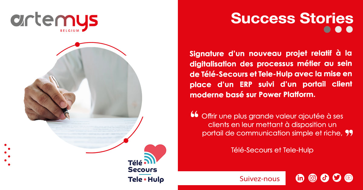 🎯 Nouveau succès !

Une belle marque de confiance accordée à notre Team Artemys Belgium par Télé-Secours / Tele-Hulp, entreprises proposant des solutions de télévigilance à domicile, en nous confiant la prise en charge de la #digitalisation de leurs processus métier. 🤝