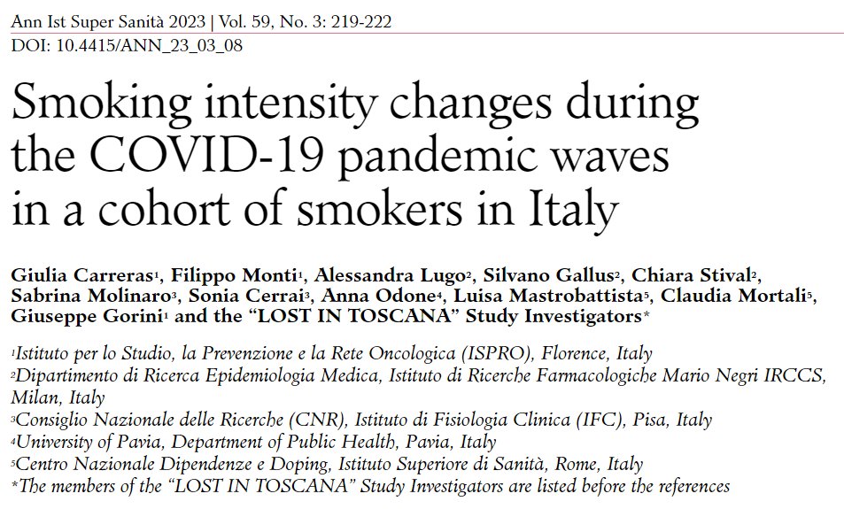 In this issue: Smoking intensity changes during the COVID-19 pandemic waves in a cohort of smokers in Italy 👉tinyurl.com/mvc4945v #covid19 #smokinghabits #NicotineAddiction @alessandra_lugo @SilvanoGallus @SabrinaMolinaro @odoneanna @GiuseppeGorini #LOSTinToscana #LostinItaly