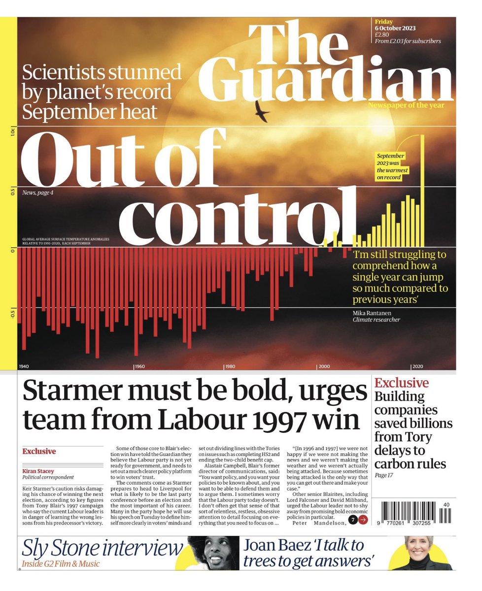 Sadly this is really happening and life is going to change for all of us. How much it changes is up to us.

"Scientists stunned by planet's record Sept heat"

"I'm still struggling to comprehend how a single year can jump so much compared to previous years"