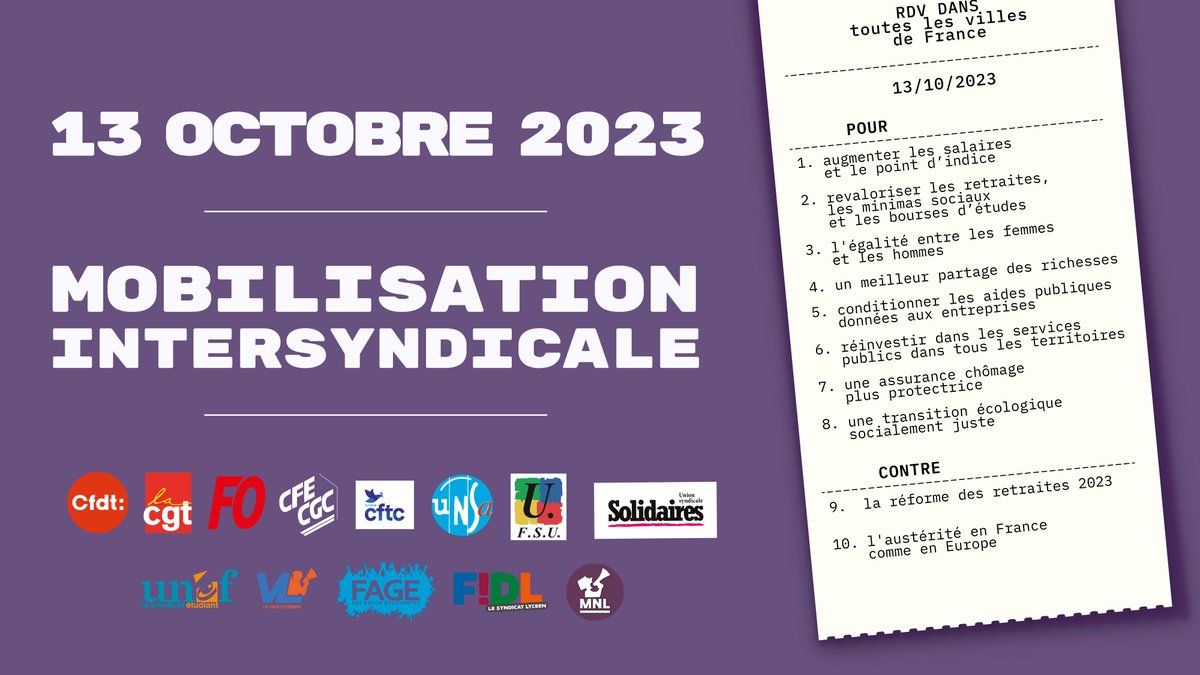 lacgtcommunique's tweet photo. 🔥 Grèves et manifs partout en France le 13/10 !

Soyons nombreux·ses à répondre à l'appel de l'intersyndicale pour revendiquer de meilleurs salaires, une meilleure répartition des richesses et bien plus encore

Trouvez la mobilisation près de chez vous 👇
https://t.co/Fh5cQB86D9 https://t.co/iutmzh2oSr