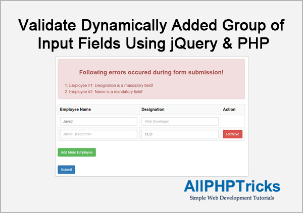 allphptricks's tweet image. Validate Dynamically Added Group of Input Fields Using jQuery & PHP
allphptricks.com/how-to-validat…
#Validate #Validation #Dynamically #Added #Group #Input #Fields #jQuery #PHP #code #tutorial @allphptricks