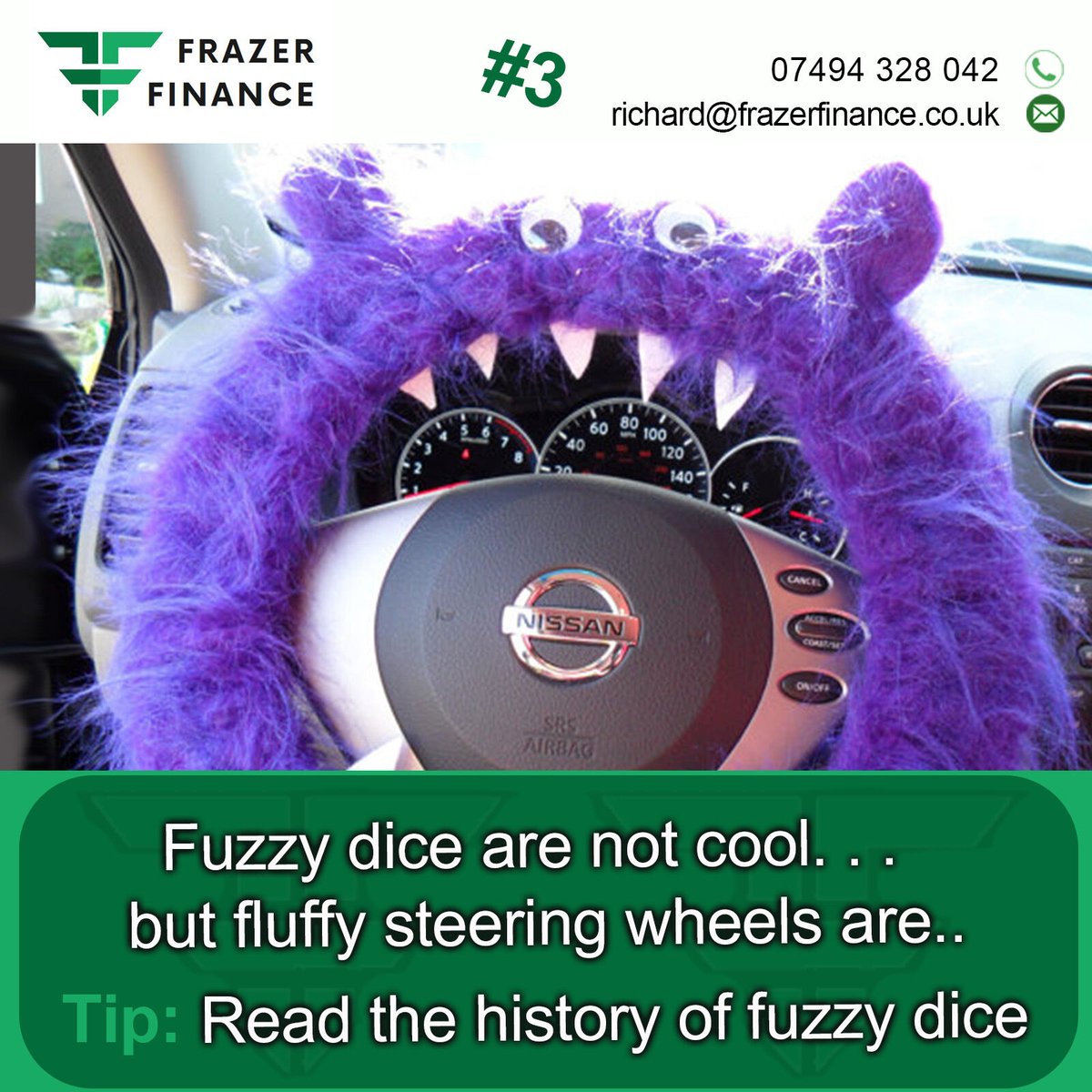 What is the least coolest thing in your car?
Fuzzy dice/ fluffy dice are decorative items that became popular in cars, particularly in the mid-20th century.

To go to Blog: bit.ly/43lu8Ka

#frazerfinance #worcestershirehour #fuzzydice #accessorize #caraccessories