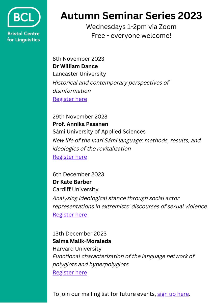 uwelingo's tweet photo. We’re delighted to announce that the BCL seminar series schedule for Autumn 2023 is now finalised - see below. We’re really pleased to have such a varied line-up of fascinating speakers to kick us off this year! Registration links 🔗https://t.co/S4IfYLJ5Ts https://t.co/RaIedejYYD