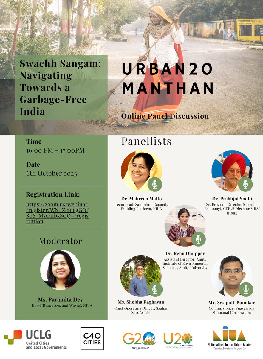 Get ready to dive into a world of innovation & sustainability at the next #U20Manthan! 🌍 Join us in celebrating Swachanjali Week as we explore inventive ideas & successful endeavors in our quest for a 'Garbage Free #India'. 🗓️ 6 Oct, 2023 🕐 4-5 PM 🔗zoom.us/webinar/regist…