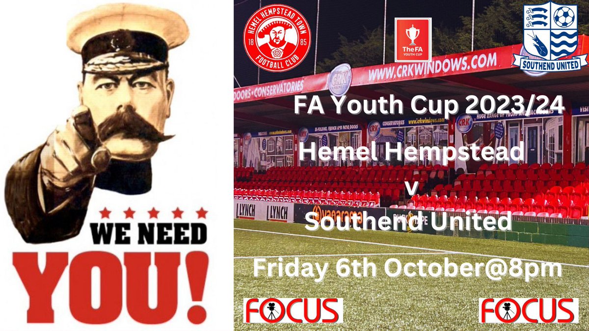 It's MATCH DAY ❤️

📢 Final call to all Tudors 🏆

Let’s beat our crowd of 5️⃣3️⃣1️⃣ in the last round of the FA Youth Cup 🤛 

⚽️ Southend United 
🗓️ Friday 6th October 
⏰ 8pm
🏠 Focus Community Arena

#TheseBoysAreTheFuture
@hemelfc 
@NonLeagueCrowd