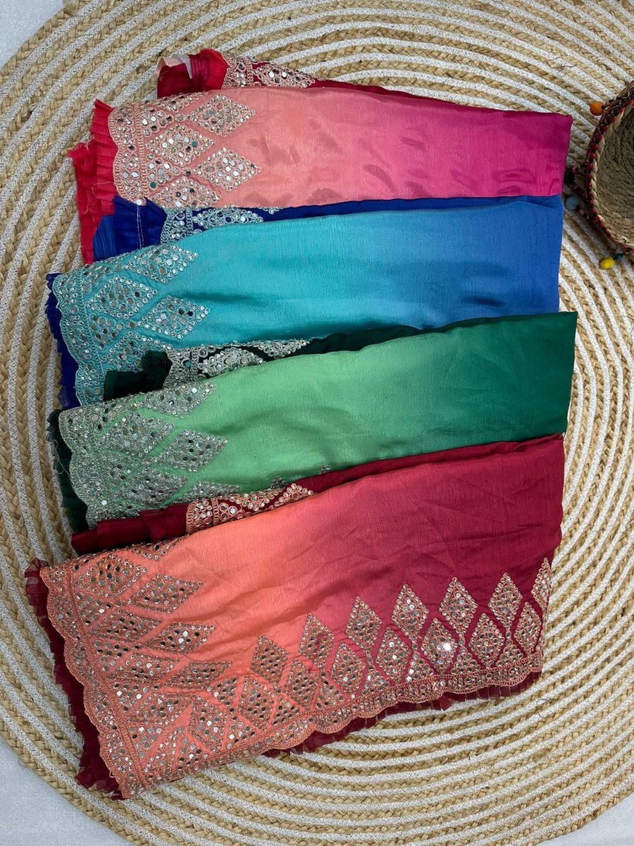 *Samjubaa clothing store-03*😍
Catalogue : KajuKatri🌹

Fabric & Saree Deatils :- Beautiful Chinon silk  saree with  dual tone colors, codding zari  work with beautiful mirror and zarkhan work in saree 
Available -1999