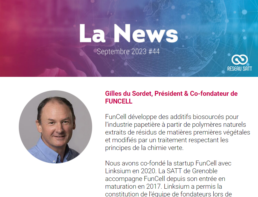 ReseauSATT's tweet photo. 📣 Retrouvez la newsletter @ReseauSATT de septembre / Edito : Gilles du Sordet, Président &amp; Co-fondateur #FunCell

👉 Les 100 startups #DeeptechConnect
👉 Le programme #Starthèse
👉 Actu des #SATT et des #startups
👉 Success Story du mois : #FunCell 

▶️ https://t.co/Lm7wXYrwzR https://t.co/5FaQiLIMKb
