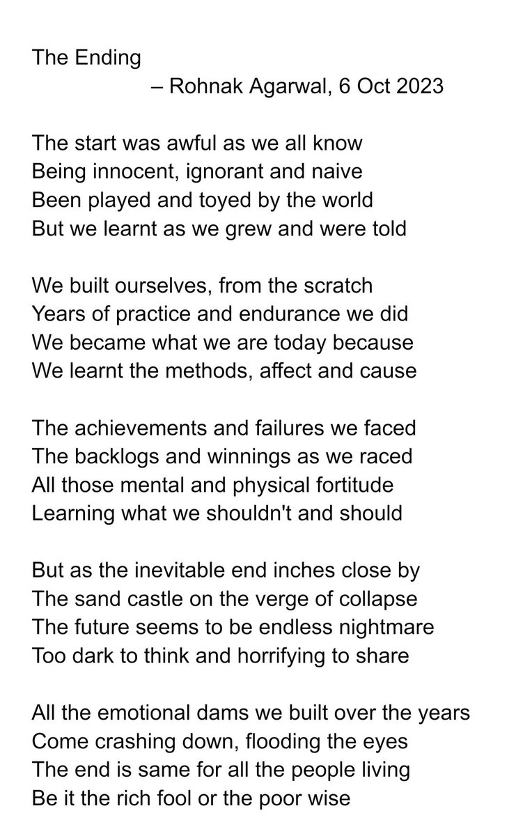 RohnakAgarwal's tweet photo. The ending
Where is all comes down

#poem #life #rrkas #theending https://t.co/f0qXyM4sZJ