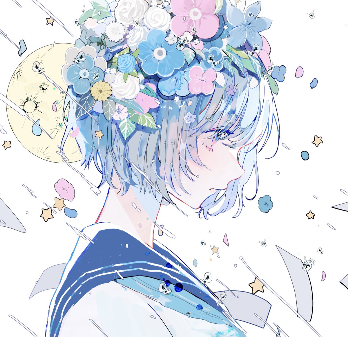 1girl solo short hair flower blue hair sailor collar white background  illustration images
